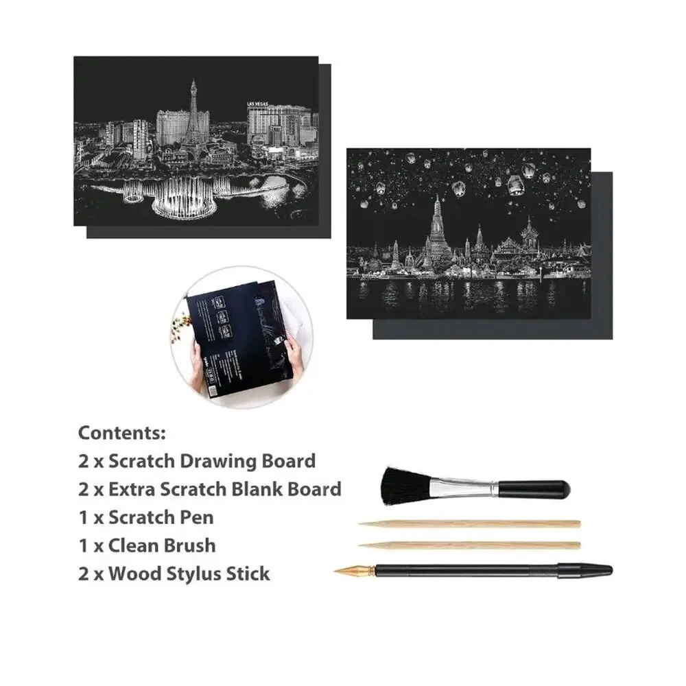 2 Pack Scratch Art Rainbow Painting Paper, Sketch Pad DIY Night View...